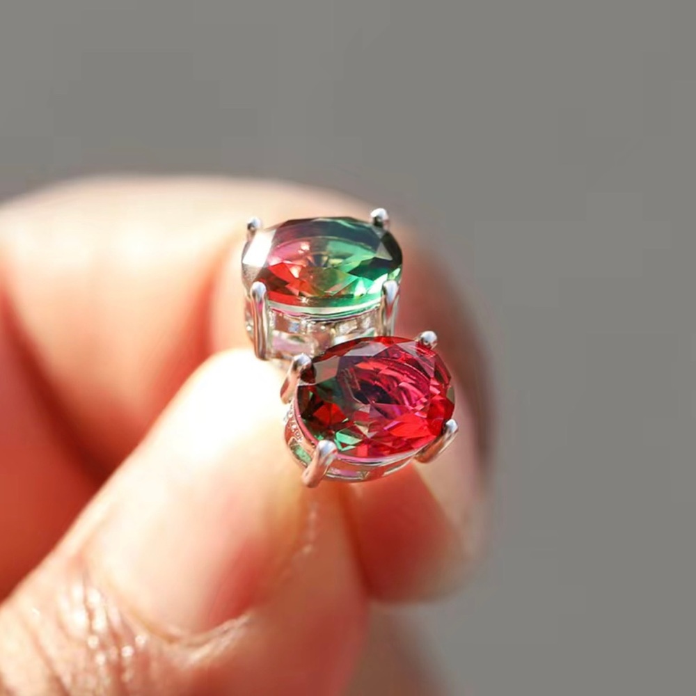 Oval Red/Green Zircon Stone Earrings in 18K Rose Gold Plate